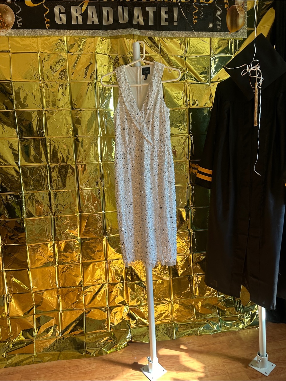 Sleeveless V-Neck Sequin Embellished White Dress